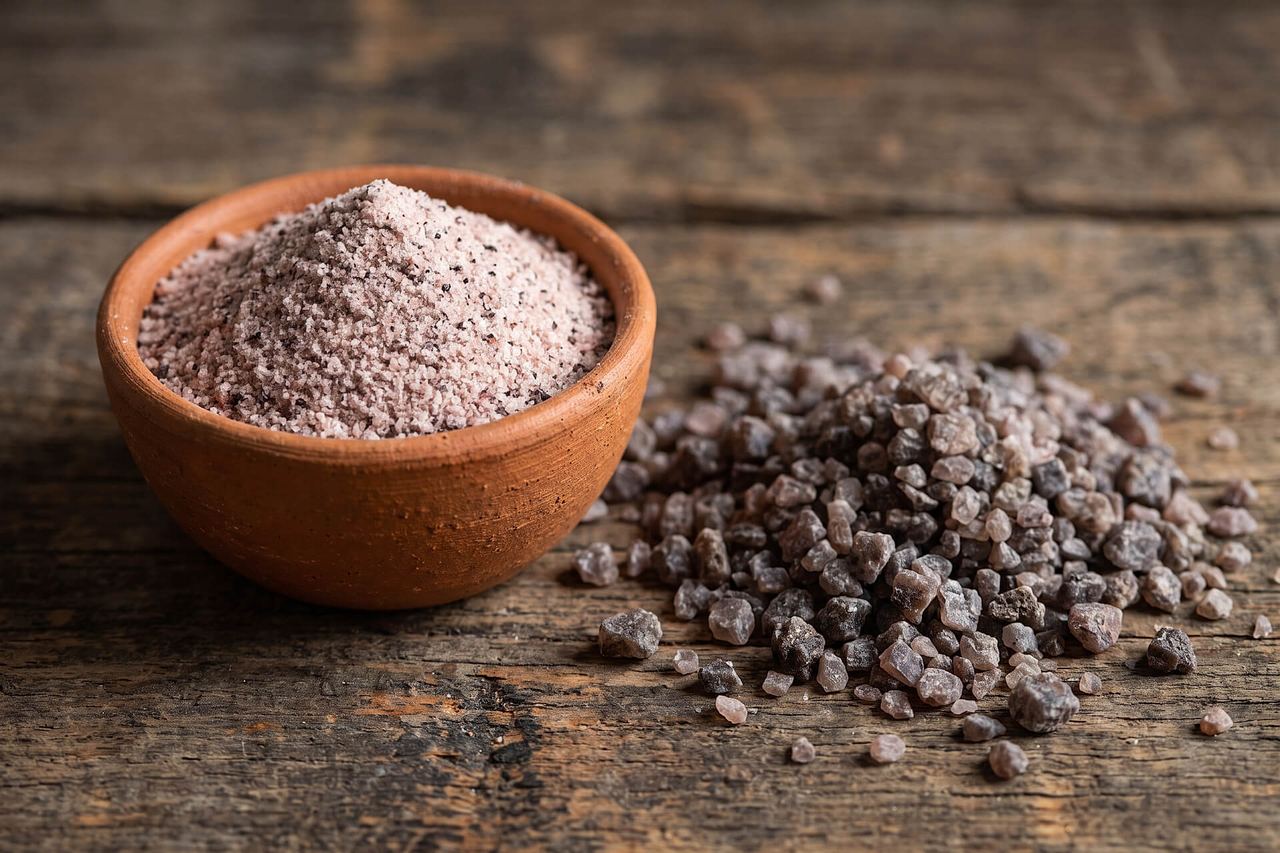 Kala Namak – rosafarbenes Würzsalz in Holzschale und als grobe Kristalle